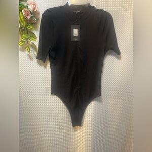 Fashion Nova Grind Time Bodysuit Black Zip Front Short Sleeve Women’s 1X NWT